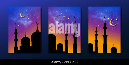 Ramadan Kareem 2023 Vektorset Grußkarte. Goldener Halbmond auf sternenfarbenem Hintergrund. Festtagsposter mit Text, islamisches Symbol. Konzept Muslimisch Stock Vektor