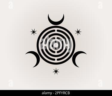 Heilige Geometrie, dreifache Göttin der Hexerei, spiritueller griechischer Roman. Wicca Sigil, mystisches Labyrinth, dreifacher Halbmond, schwarzes Logo-Design Stock Vektor