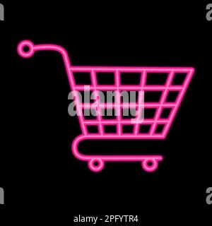 Abbildung des Neonvektorsymbols für den Warenkorb. Design von Werbeschildern für Supermärkte mit Neonlicht in leuchtendem Pink, isoliert auf dunklem Hintergrund. Stock Vektor