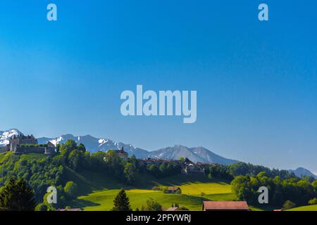 Burg Gruyeres inmitten von Wald- und Grünwiesen in Haut-Intyamon, Greyere, Freiburg, Schweiz. Stockfoto