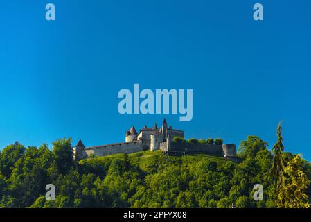 Burg Gruyeres inmitten von Wald- und Grünwiesen in Haut-Intyamon, Greyere, Freiburg, Schweiz. Stockfoto