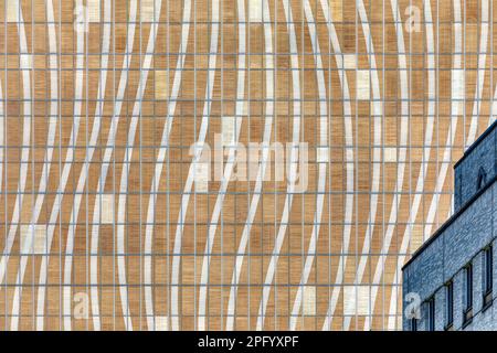 Das David H. Koch Center, New York-Presbyterian Hospital, ist ein komplett verglastes Gebäude. Ein Holzschirm ist Teil der dreifach verglasten Hülle. Stockfoto