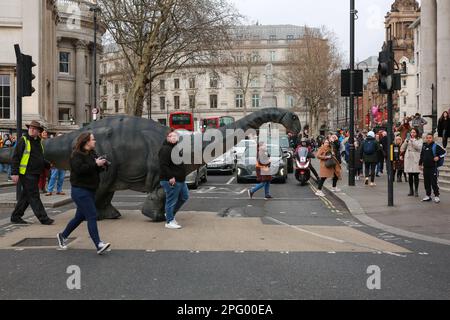 London, Großbritannien. 18. Februar 2023 Dinosaurierinvasion am Trafalgar Square zur Förderung von Jurassic Live ist eine West End-Show im Adelphi Theatre. © Waldemar Sikora Stockfoto