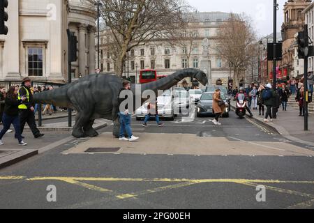 London, Großbritannien. 18. Februar 2023 Dinosaurierinvasion am Trafalgar Square zur Förderung von Jurassic Live ist eine West End-Show im Adelphi Theatre. © Waldemar Sikora Stockfoto