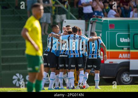 Erechim, Rio Grande Do Sul, Brasilien, 19. März 2023. Luis Suarez aus Gremio feiert sein Tor während des Spiels zwischen Ypiranga und Gremio für die Gaucho-Meisterschaft 2023 im Colosso da Lagoa Stadium in Erechim am 19. März. Foto: Richard Ducker/DiaEsportivo/DiaEsportivo/Alamy Live News Stockfoto