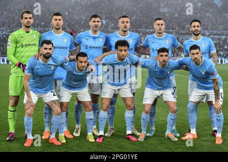 Rom, Italien. 19. März 2023. Lazio-Spieler: Ivan Provedel, Nicolo Casale, Alessio Romagnoli, Sergej Milinkovic Savic, Adam Marusic, Luis Alberto, Elseid Hysaj, Pedro Rodriguez Ledesma, Felipe Anderson, Danilo Cataldi und Mattia Zaccagni von SS Lazio während des Fußballspiels der Serie A zwischen SS Lazio und AS Roma im Olimpico-Stadion in Rom (Italien), 19. März 2023. Foto: Antonietta Baldassarre/Insidefoto Credit: Insidefoto di andrea staccioli/Alamy Live News Stockfoto