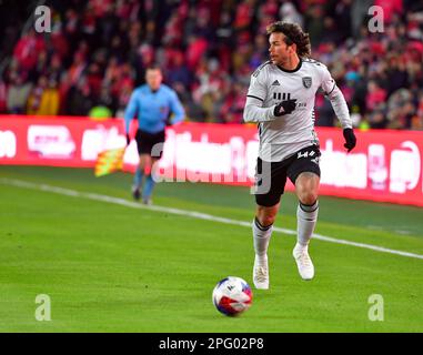 St. Louis, USA. 18. März 2023. San Jose Earthquakes Forward Cade Cowell (44) bewegt den Ball nach unten. STL City besiegte die Erdbeben von San Jose von 3 bis 0 in einem Major-League-Fußballspiel am 18. März 2023 im CITY Park Stadium in St. Louis, MO, USA. Foto: Tim Vizer/Sipa USA Kredit: SIPA USA/Alamy Live News Stockfoto