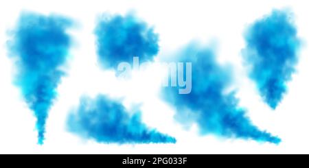 Blaue bunte Rauchwolken isoliert auf weißem Hintergrund, realistischer Nebeleffekt, Nebel. Dampf in der Luft, Dampffluss. Vektorgrafik Stock Vektor