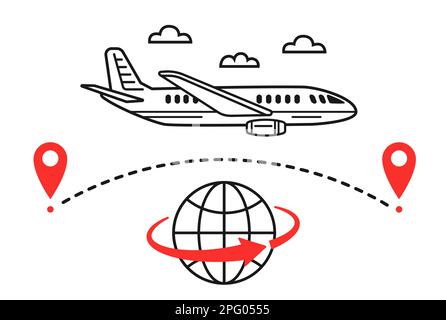 Internationaler Flug Flugreisen, Flugzeug Fliegen Touristenroute rund um die Welt, Flugbahn, Erdkugel Symbol. Luftverkehr. GPS-Position. Vektor Stock Vektor