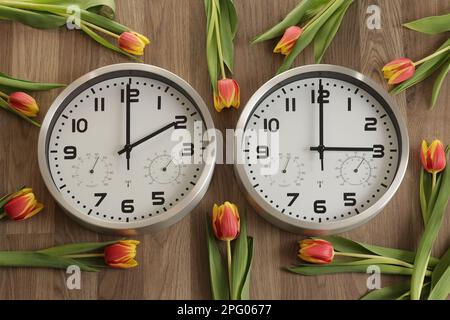 Zwei Uhren, eine auf zwei Uhr, die andere auf drei Uhr. Tulpen liegen herum. Die Zeit ändert sich. Sommerzeit. Bewegen Sie die Hände nach vorne. Stockfoto