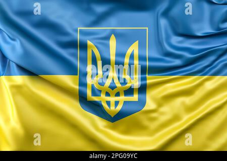 Rüschelflagge der Ukraine mit Wappen. 3D-Rendering Stockfoto