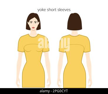 Joch Ärmel Kleidung kurze Länge Kleidung Figur Dame in ockerfarbenem Oberteil, Hemd, Kleid technische Modezeichnung, passgenauer Body. Flache Bekleidungsvorlage vorne, Rückseite. Frauen, Männer, Unisex-CAD-Modell Stock Vektor