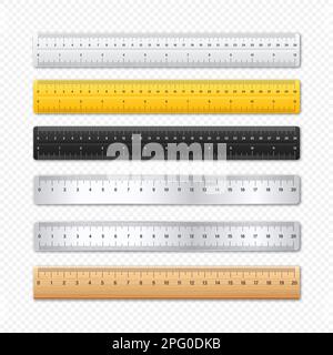 Realistische verschiedene Metall- und Kunststofflineale mit Messskala und -Teilung, Messmarken. Schule Lineal, Zentimeter-und Zoll-Skala für die Länge Stock Vektor