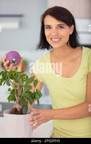 Frau, die die Pflanze in der Wohnung bewässert Stockfoto