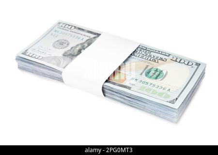 Ein Bündel von Dollar-Banknoten auf weißem Hintergrund. Amerikanische Landeswährung Stockfoto