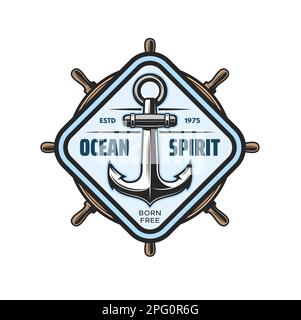 Marinesymbol mit Schiffsanker, Seesegeln und Ozean Adventure Club-Vektorsymbol. Schiffsanker und Helm-Heraldic-Abzeichen für Marineregatta Stock Vektor