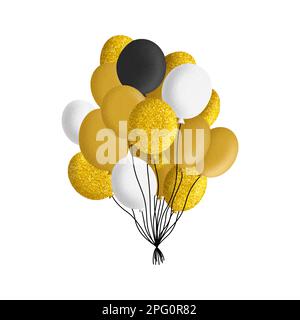 Ballons mit weißem, schwarzem, goldenem Glitzer, isoliert auf weißem Hintergrund. Ballons Party Clipart für das Design, den Planer, das Muster, den Rücken Stockfoto
