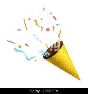 Gold-Party-Popper mit explodierenden Konfetti zur Feier einsamer Illustration. Party-Clipart für Design, Planer-Aufkleber, Muster, Rückseite Stockfoto