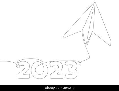 Eine durchgehende Linie von Paper Airplane mit der Nummer 2023. Vektorkonzept zur Darstellung dünner Linien. Kontur Zeichnen kreativer Ideen. Stock Vektor