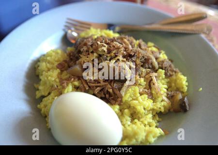 Gelber indonesischer Reis (mit Kurkuma gefärbt) wird mit einem gekochten Ei serviert; fotografiert in Manado, North Sulawesi, Indonesien. Stockfoto