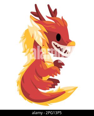 Drachenfigur des chinesischen Mythologie-Monsters mit lustiger Maskottchen-Cartoon-Farbe in Rot Stock Vektor
