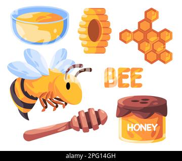 Zeichnungsset Honigbienen-Zeichensatz aus Honigwabenlöffelglas Stock Vektor