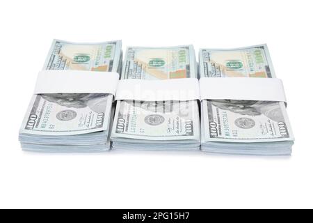 Bündel von Dollar-Banknoten auf weißem Hintergrund. Amerikanische Landeswährung Stockfoto