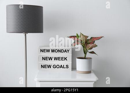 Neuer Montag, Neue Woche, Neue Ziele – motivierendes Zitat. Hauspflanze und Lightbox mit Text auf dem Tisch in Innenräumen Stockfoto