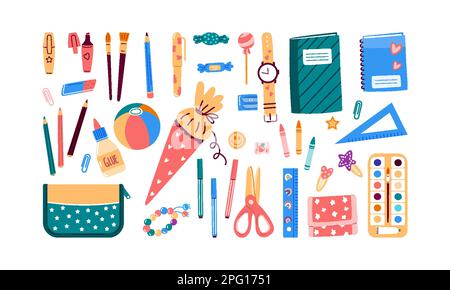 Set, Sammlung von Schreibwaren für die Schule. Vektordarstellung in flachem Stil Stock Vektor