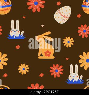 Nahtloses Ostermuster. Osterhase mit Blumen, Korb und Eiern auf schwarzem Hintergrund. Vektordarstellung in flacher Form. Für Urlaubsdekor: Packagi Stock Vektor
