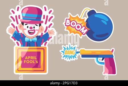 April-Narren-Tag-Clown-Überraschung von der Box-Boom-Bang-Pistole und Bombenvektor-Aufkleber-Illustration Stock Vektor