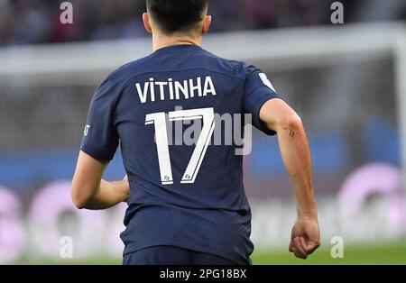 Paris, Frankreich. 19. März 2023. Paris Saint Germain's Vitinha während des Ligue 1 Fußballspiels Paris Saint-Germain (PSG) gegen Stade Rennais FC im Parc des Princes Stadium in Paris, Frankreich am 19. März 2023. Foto von Steve McMay/ABACAPRESS.COM Kredit: Abaca Press/Alamy Live News Stockfoto