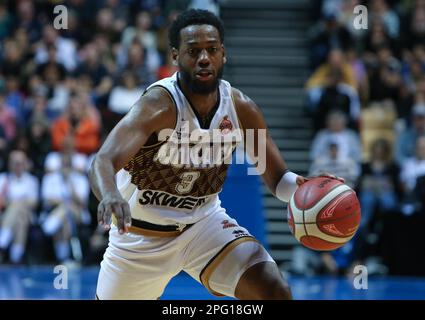 Trelaze, Frankreich. 19. März 2023. Jordan LOYD of AS MONACO während des French Cup, Top 8, Halbfinale Basketballspiel zwischen Le Mans Sarthe Basket und AS Monaco am 19. März 2023 in der Arena Loire in Trelaze, Frankreich. Foto: Laurent Lairys/ABACAPRESS.COM Kredit: Abaca Press/Alamy Live News Stockfoto