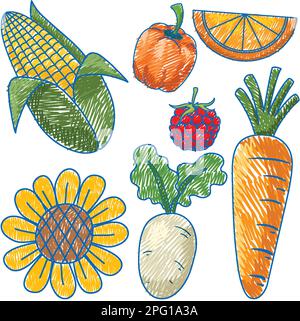 Obst und Gemüse in Bleistiftfarben Skizzieren Sie einfache Stilillustration Stock Vektor