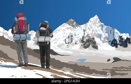 Mount Everest und Nuptse von der nepalesischen Seite aus gesehen vom Kala Patthar Gipfel und zwei Touristen mit großen Rucksäcken, Vektorgrafik und Nepal Himalaya Mount Stock Vektor