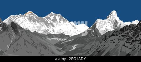 Mount Lhotse und Nuptse, Südfelswände, Gipfel des Mount Everest und des Ama Dablam Peak, Vektordarstellung, Khumbu-Tal, Everest und Nepal himalaya Moun Stock Vektor