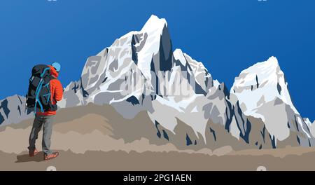 Vector of Mounts Cholatse und Tabuche Peak vom Weg zum Mount Everest Basislager aus gesehen und Wanderer mit großem Rucksack, Nepal Himalayas Berge vec Stock Vektor