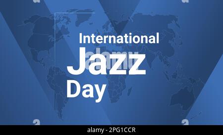 Internationale Weihnachtskarte für Jazz-Tag. Poster mit Erdkarte, blauem Hintergrund mit verlaufenen Linien, weißem Text. Flaches Banner. Vektordarstellung. Stock Vektor