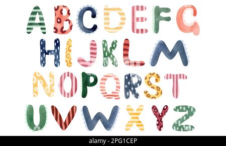 Englische Kinderschriftart. Coole Zeichentrickbriefe für Schule, Garten. Schriftarten für den Kinderbereich, Dekorationen. Süßes farbiges Alphabet. Kinderschrift. Stockfoto