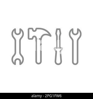 Schraubenschlüssel oder Schraubenschlüssel und Hammer, Schraubendreherleitung Symbolsatz. Symbole für Hardwaretools. Stock Vektor