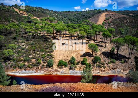 Blutrote Mineral-beladenes Wasser Rio Tinto Fluss Minas de Riotinto Bergbaugebiet. Der sehr rote Rio Tinto (Fluss Tinto), Teil des Rio Tinto Mining Park ( Stockfoto