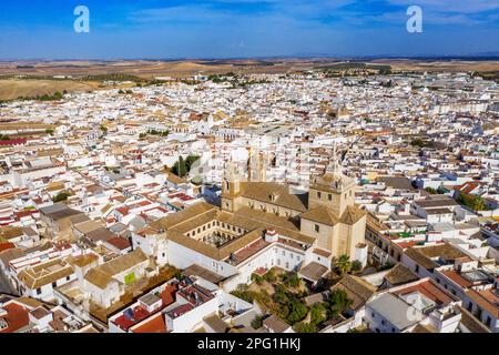 Blick aus der Vogelperspektive auf die Altstadt von Marchena in der Provinz Sevilla, Andalusien, Südspanien. Iglesia convento mercedario de San Agustin. KIRCHE SAN AGUSTIN, der Kobold Stockfoto