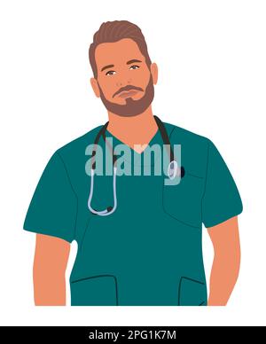 Selbstbewusster männlicher Arzt, Sanitäter in Uniform. Stock Vektor