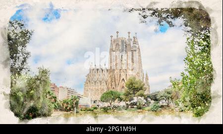 Barcelona, Spanien. Kathedrale von La Sagrada Familia in Aquarellstil-Illustration Stockfoto