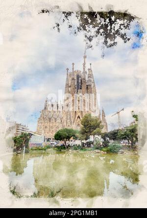 Barcelona, Spanien. Kathedrale von La Sagrada Familia in Aquarellstil-Illustration Stockfoto