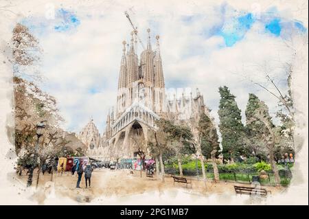 Barcelona, Spanien. Kathedrale von La Sagrada Familia in Aquarellstil-Illustration Stockfoto