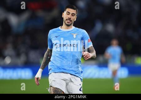 Rom, Italie. 19. März 2023. Mattia Zaccagni aus Latium reagiert während der italienischen Meisterschaft Serie Ein Fußballspiel zwischen SS Lazio und AS Roma am 19. März 2023 im Stadio Olimpico in Rom, Italien - Photo Federico Proietti/DPPI Credit: DPPI Media/Alamy Live News Stockfoto