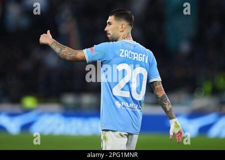 Rom, Italie. 19. März 2023. Mattia Zaccagni von Latium hat während der italienischen Meisterschaft ein Fußballspiel zwischen SS Lazio und AS Roma am 19. März 2023 im Stadio Olimpico in Rom, Italien, gezeichnet. Foto Federico Proietti/DPPI Credit: DPPI Media/Alamy Live News Stockfoto