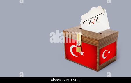 Türkische Flagge auf der Wahlurne. Türkisches Wahlkonzept mit Kopierbereich links. 3D Abbildung. Stockfoto