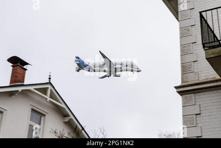 Hamburg, Deutschland. 23. Februar 2023. Ein Airbus A330-743L „Beluga“ fliegt über den Bezirk Gross Flottbek auf seinem Weg zum Flugplatz Finkenwerder. Kredit: Markus Scholz/dpa/Alamy Live News Stockfoto